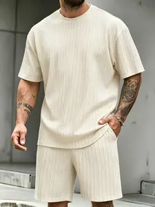 2-piece men's new textured fabric, casual loose round neck short sleeved T-shirt and shorts set