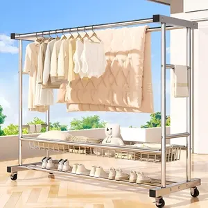 Stainless steel Heavy Duty Clothes Rack, Rolling Clothing Rack With Shelves Load 620 LBS, Double Rod Clothing Racks for Hanging Clothes, Portable& Adjustable Clothes Rack with Wheels Garment Rack，Clothes rack with storage basket, shoe rack