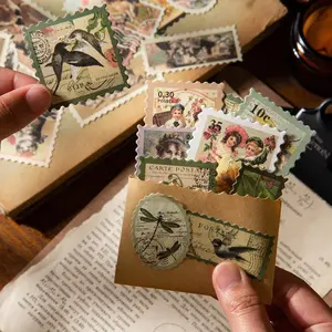 Vintage Journal Pack of 50 Random Colors, Time Post Office Series Plant Insect Building Character Decorations Scrapbook Materials