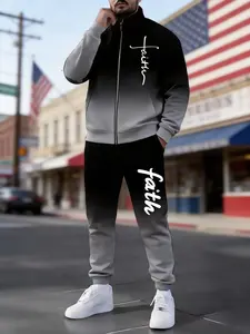 Men's Casual Hoodie and Pants Set Gradient Design Faith Letter Print Streetwear 2-Piece
