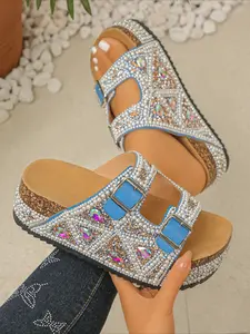 Bohemian vacation-style diamond-encrusted Women's sandals with heavy-duty beaded embroidery and thick soles. Perfect for summer beach outings. Footwear
