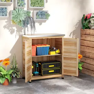 Natural Wood Outdoor Storage Cabinet Prep Table with Metal Tabletop 2 Shelves Double Doors for Patio Garden Backyard Tool Organization Potting Station