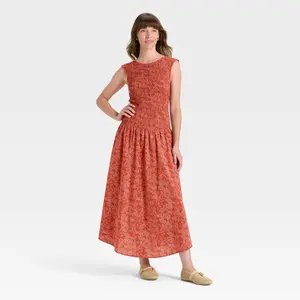 Women's Smocked Midi A-Line Dress - Universal Thread Rust Floral S