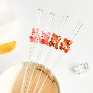 Cute Cartoon Rabbit Bear Glass Straw Set, Reusable Bendable Straws with Cleaning Brush, Ideal for Iced Drinks, Parties, Graduation Gifts, Beverage, Utensils