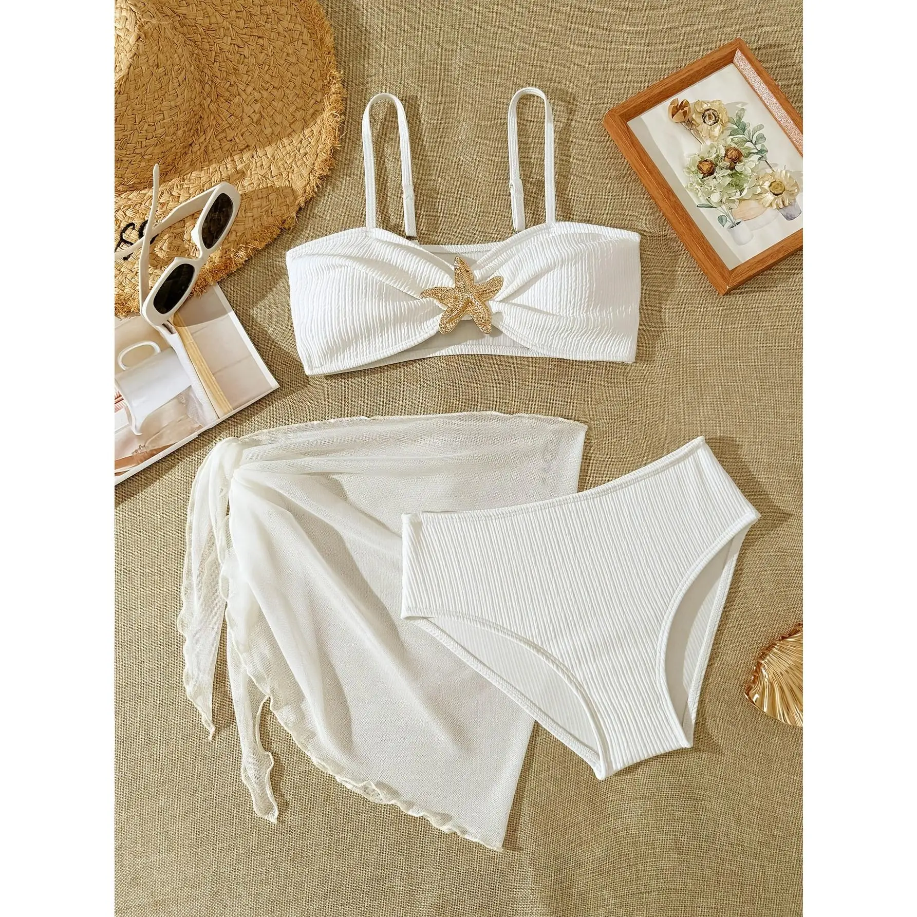 Solid Color Rib Knit 3pcs Kids Girls Swimsuits High Stretch, Adjustable Shoulder Straps Girls Bikini Sets for 7-16 Years Beach Wear, Vacation, Holiday Children Swimwear