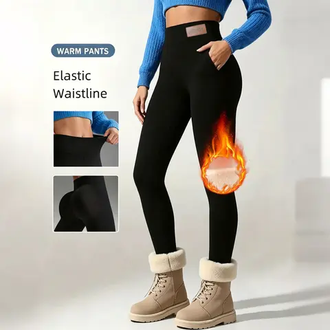 Women's High-Waist Sherpa Fleece-Lined Slim Yoga Fitness Pants - Elastic Thermal Tummy Hold Leggings, Stretchy Thick Comfy Cold Weather Outdoor Gym Training Bottoms for Women