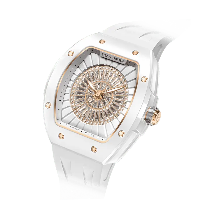 TSAR BOMBA Women's Watch, a Trendy Tonneau-Style Minimalist Quartz Wristwatch with a Dazzling Cubic Zirconia Crystal Bezel, Trendy Wristwatch, Modern Trendy Watch