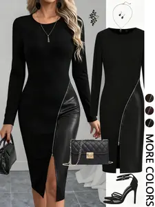 Women's Solid Color PU Leather Patchwork Zipper Bodycon Dress, Elegant Slim Fit Long Sleeve Party Dress, Casual Fashion Clothing, Minimalist, Chic