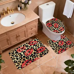 3-Piece Wild Lip Bath Mat Set, 100% Polyester Faux Cashmere, Bathroom Exclusive, 0.8cm Cloudy Short Fiber, Leopard Pattern Non-Slip Rug