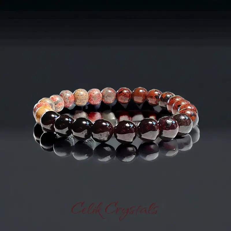 Unisex 8mm Handmade Gemstone Bracelet - Red Garnet, Leopard Jasper, Mahogany Obsidian Natural Beads, 6.5-8.5 Inches Custom Length, Healing Crystals for Grounding & Stability, Adult Jewelry