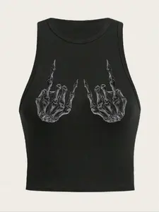 Women's Skeleton Hand Gesture Print Round Neck Tank Top, Casual Fit Sleeveless Top for Summer, Ladies Clothes for Daily Wear, Socks, Womenswear