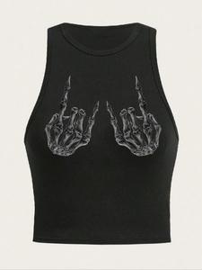women's skeleton hand gesture print round neck tank top, casual sleeveless top for summer, ladies clothes for daily wear, workout tank tops