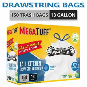 150 Bags 13 Gallon Boxed Disposable Non Tear Garbage Bag Puncture Tear Resistant Trash Bags, ODOR ELIMINATORTECHNOLOGY Kitchen Drawstring Garbage Bags Fresh Clean Scent with Lemon Mint Scent, 150 Count Easy To Usedrawstrings More Durable