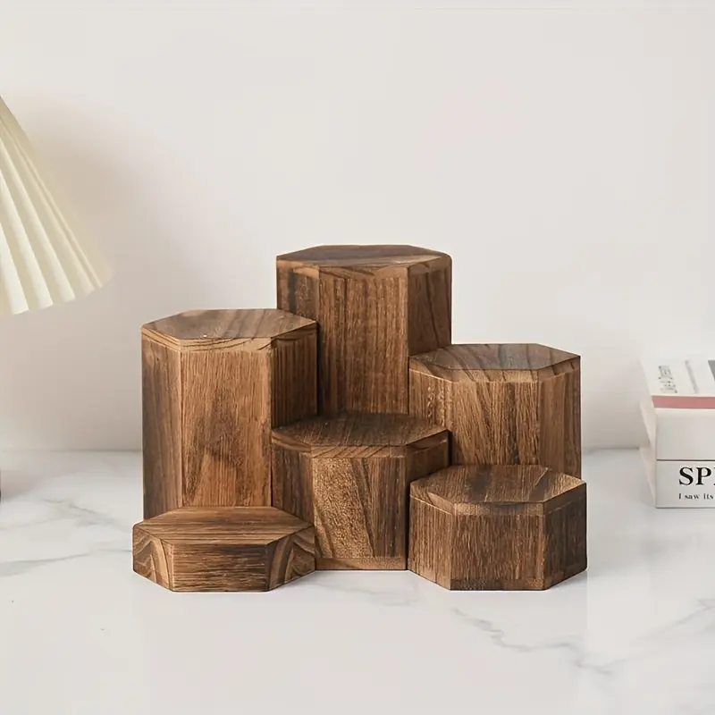 6pcs Wood Hexagon Display Stacks - Sturdy Multi-Tiered Cube for Jewelry Showcase, Tiered Storage Shelf, Multilayer Storage, Home Storage Supplies - Easy Assembly, No Tools/Metal-Free, Rich Brown (Cortex Wood) for Home, Office & Bedroom