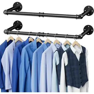 38.4 Inch 2 Pack Wall Mounted Industrial Pipe Black Clothing Rack Multi-Purpose Clothing Hanging Rod for Closet