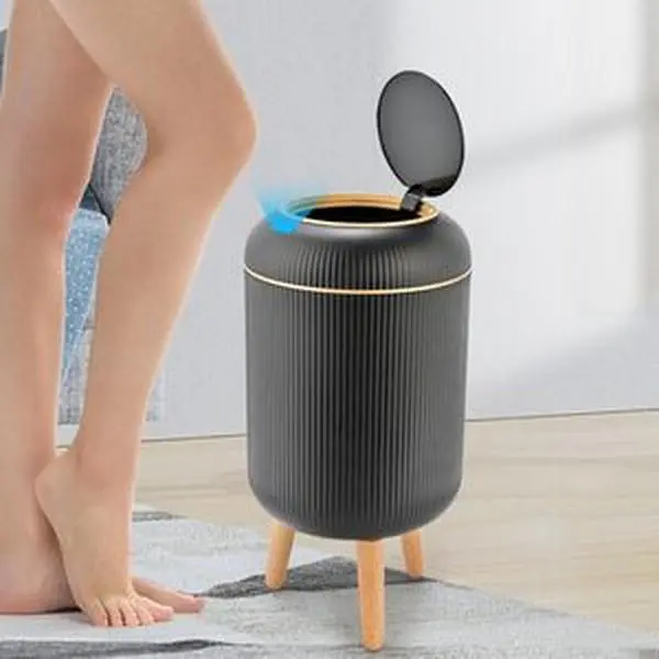 Sensor Induction Waste Bin, Nordic Modern Waterproof Touchless Trash Can, Household Space-Saving Multifunctional Garbage Bin with Wooden Feet - White Black