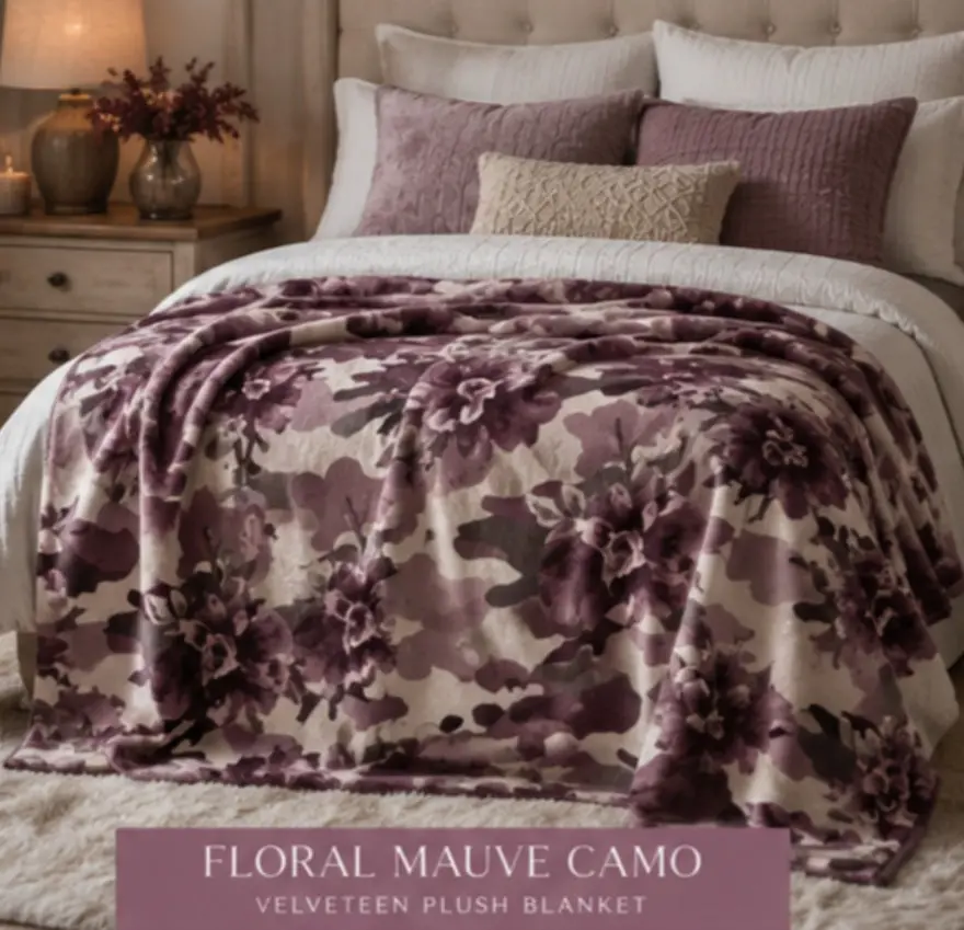 Floral Mauve Camo Velveteen Plush Blanket — Soft Decorative Throw for Bedroom & Gift