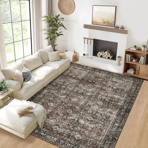 GARVEE Washable Area Rug 8x10 Rug for Living Room Vintage Non Slip Throw Rugs Floral Boho Large Bedroom Rug Soft Low Pile Stain Resistant Carpet for Dining Room Nursery Classroom 8'x10' Brown