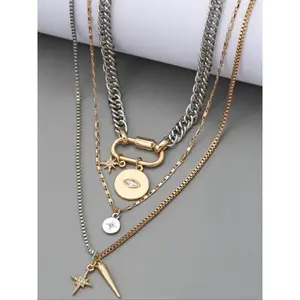 Metal simple gold and silver two-color multi-layer necklace, personalized exaggerated trendy eye pendant multi-layer stacking necklace for women, fashionable and versatile, suitable for daily wear during the back-to-school season, and a gift for Teacher's