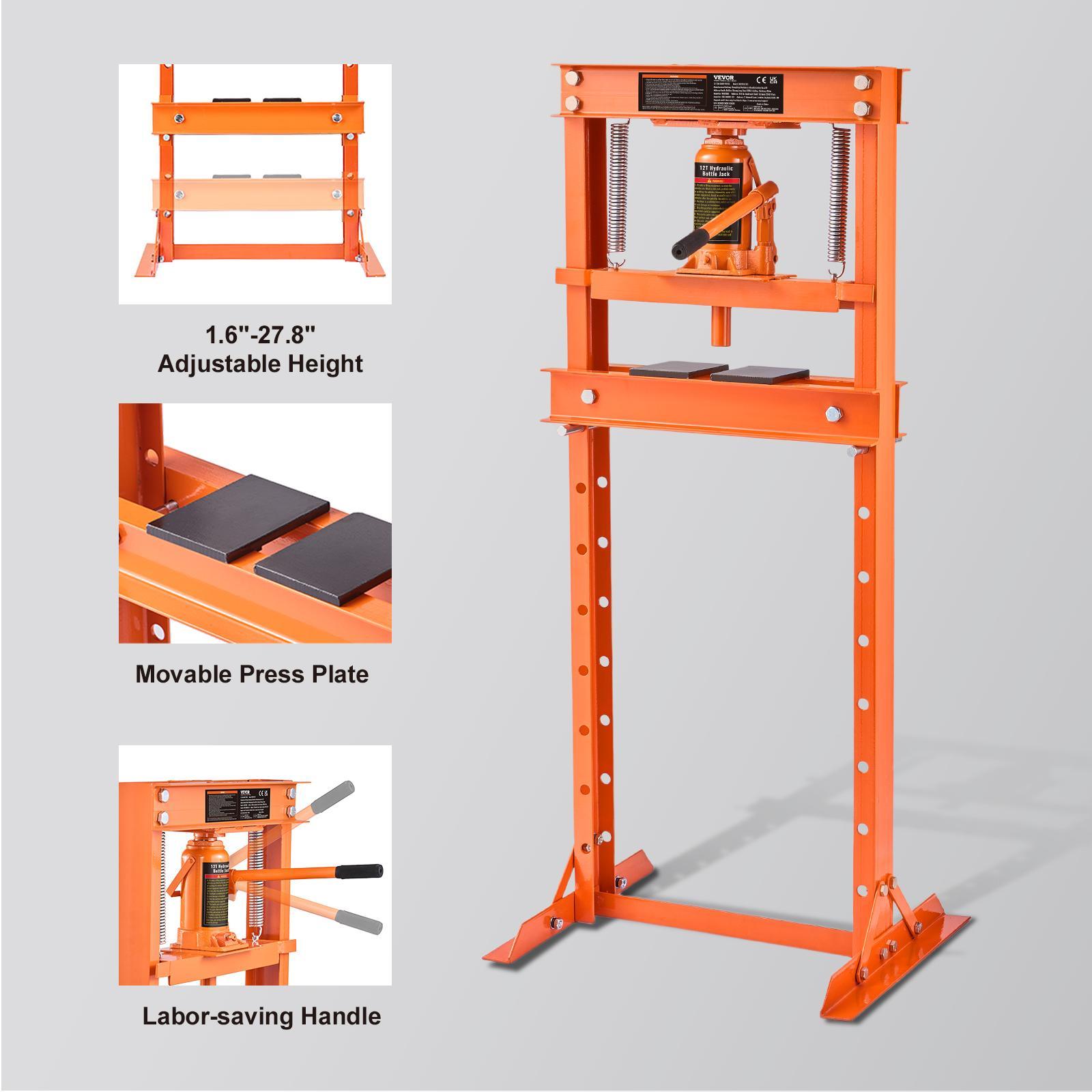 VEVOR Hydraulic Shop Press, TikTokShopBlackFriday, 12 Ton H-Frame Hydraulic Garage/Shop Floor Press, Adjustable Shop Press with Press Plates, Heavy Duty Hydraulic Press for Garage, Shop, Workshop