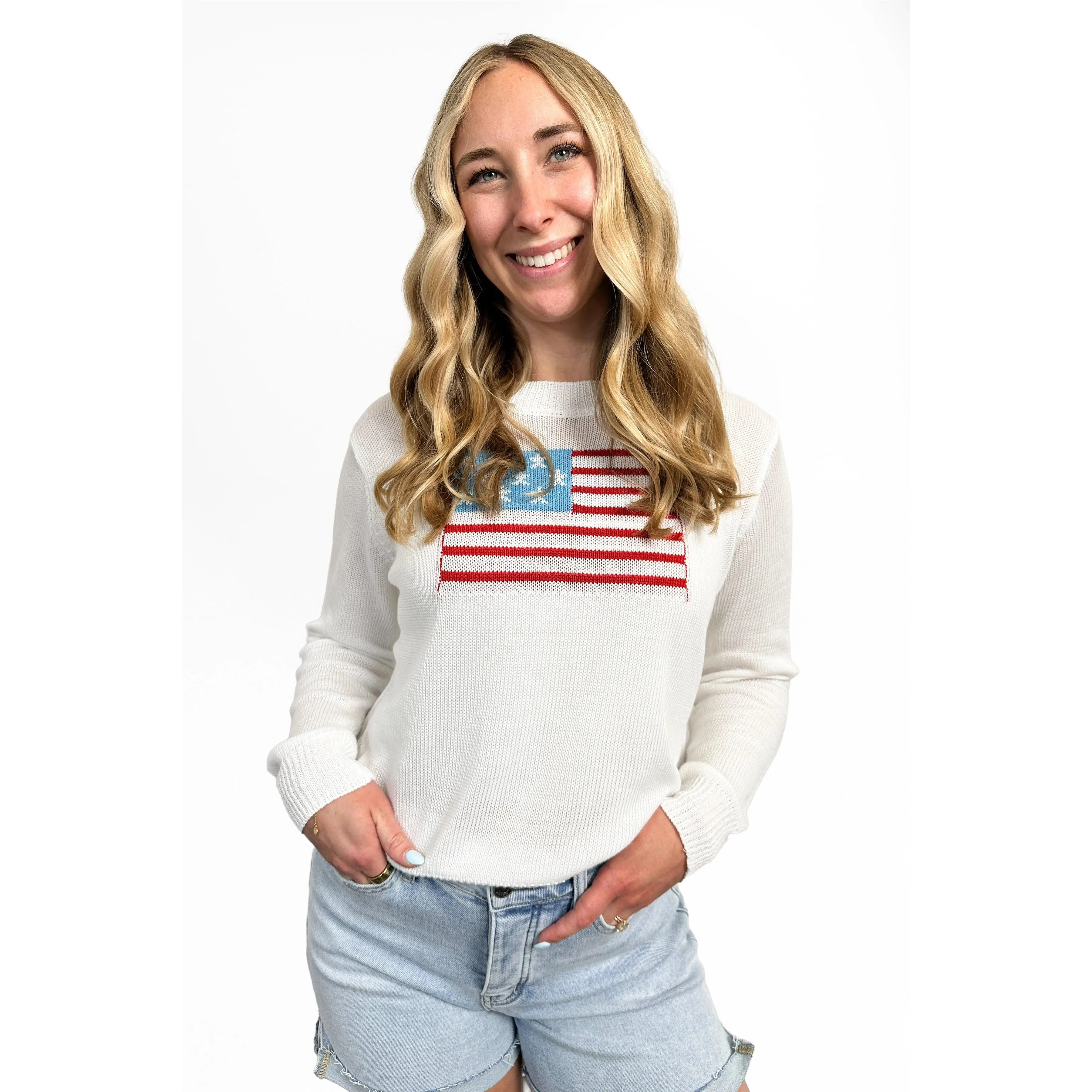Ava Lane Women's Bold USA Flag Design Long Sleeve Knit Pullover - Polyester, Flattering Fit, Everyday Wear, Casual, Ribbed, Cuff Sleeve, Style, Memorial Day, Comfortable Top, 2XL *FINAL SALE*