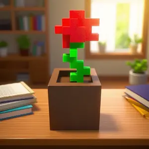 Pixel Rose Minecraft Style 3D Printed Flower Decor, Unique Plastic Ornament for Desk & Bedside Table, Perfect Gift for Valentine's Day, Birthday & Christmas