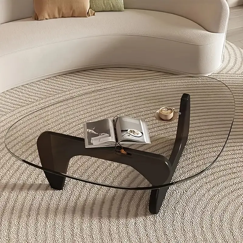 Mid-Century Modern Triangle Coffee Table - Walnut Solid Wood Pedestal, Transparent Flat-Top Glass, 36x25.6x16in Low Profile Minimalist Tea Table, Corner Expandable Living Room Decor Furniture for Room