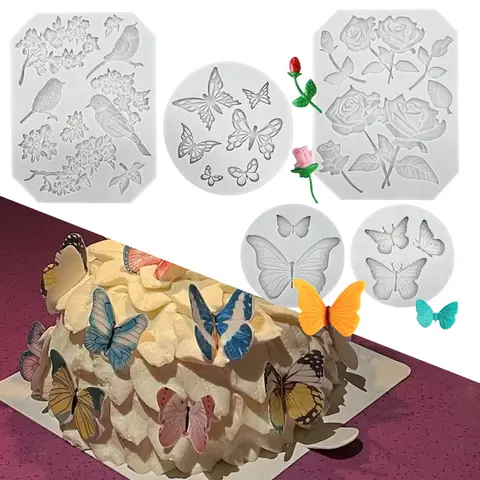 5 Pack Butterfly Rose Flower Stems Birds Blossoms Silicone Fondant Mold, for Making Chocolate Fondant Jelly Polymer Clay Soap Crafting DIY Projects and Cake Decoration