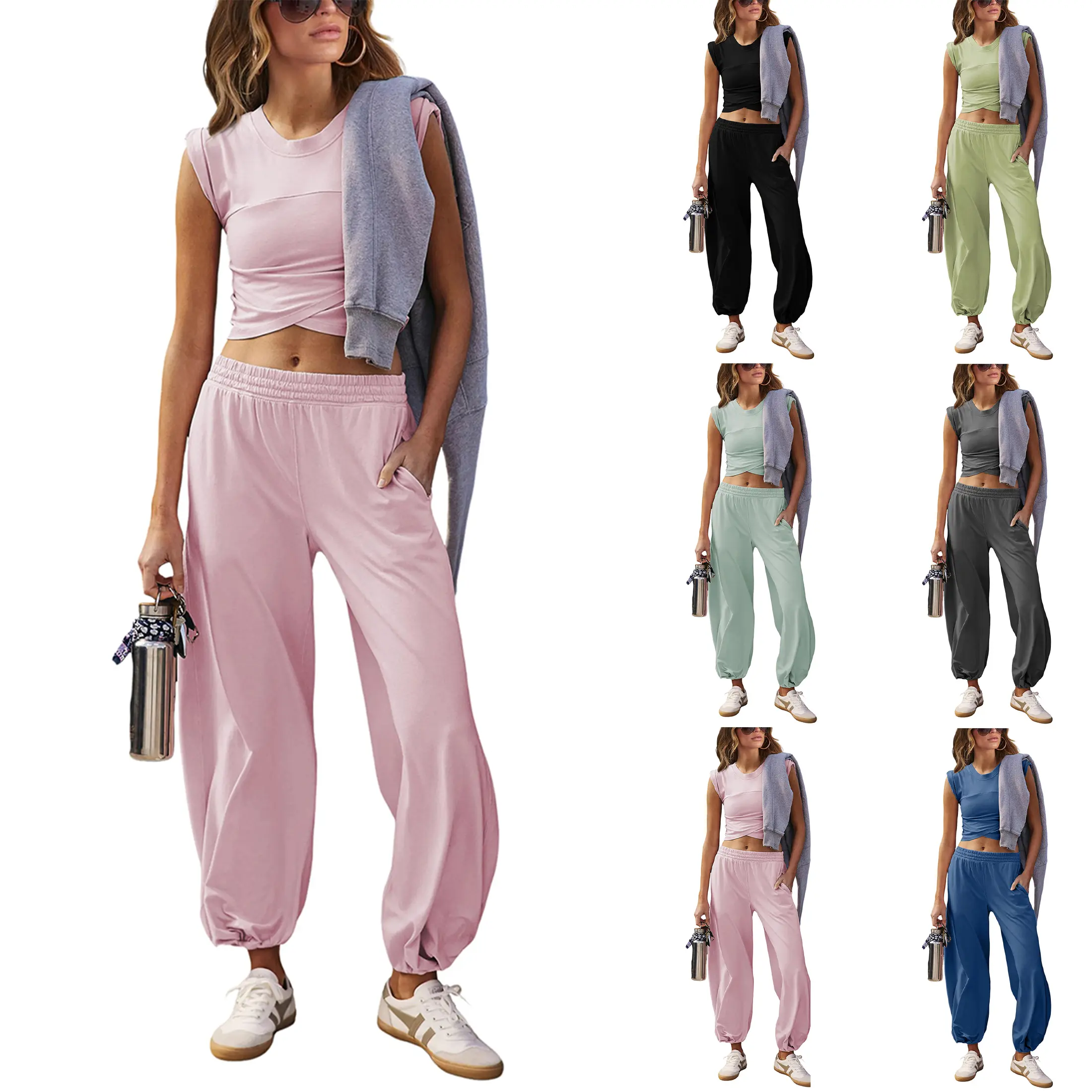 Mundoven Womens 2 Piece Sweatsuits Sets Casual Workout Cropped Tee Top High Rise Sweatpants Athletic Tracksuits summerwins