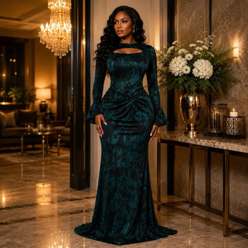Women's Formal Emerald Green Asymmetrical Jacquard Gown - Asymmetric Neck, Draped Snatched Waist, Stretchy Long Sleeves, Premium Soft Structured Fabric, Floor-Length, Elegant Style, Evening Event Dress