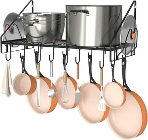 28 Inch Pot Rack Wall Mounted, Pots and Pans Organizer with 12 Hooks and 2 Pot Lid Holders, Heavy Duty Steel Pot and Pan Hanger for Kitchen Cookware Utensils Storage 34.7" Lx13 Wx12.6 H