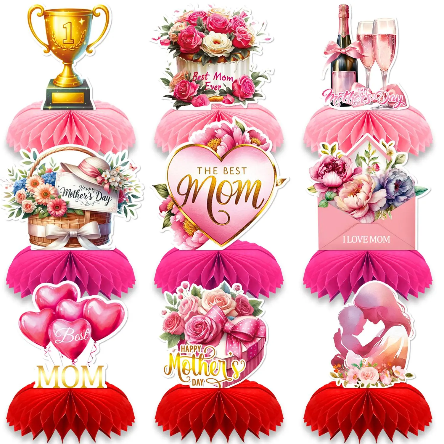 Mother's Day Party Honeycomb Centerpieces Table Decorations, 9 Counts/set Flower & Letter Pattern Party Decorations, Best Mom Party Decorations, Ornaments, Flower Design Decorations, Party Decoration Supplies