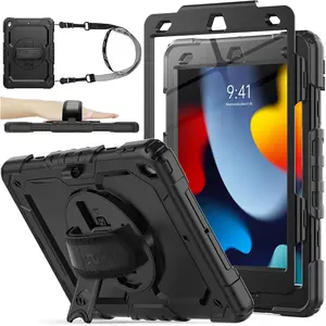 Case for iPad 9th/ 8th/ 7th Generation 10.2'', Shockproof with Screen Protector, Pencil Holder [360? Rotating Hand Strap] & Stand, for iPad 10.2 inch 2021-2019 (Black)