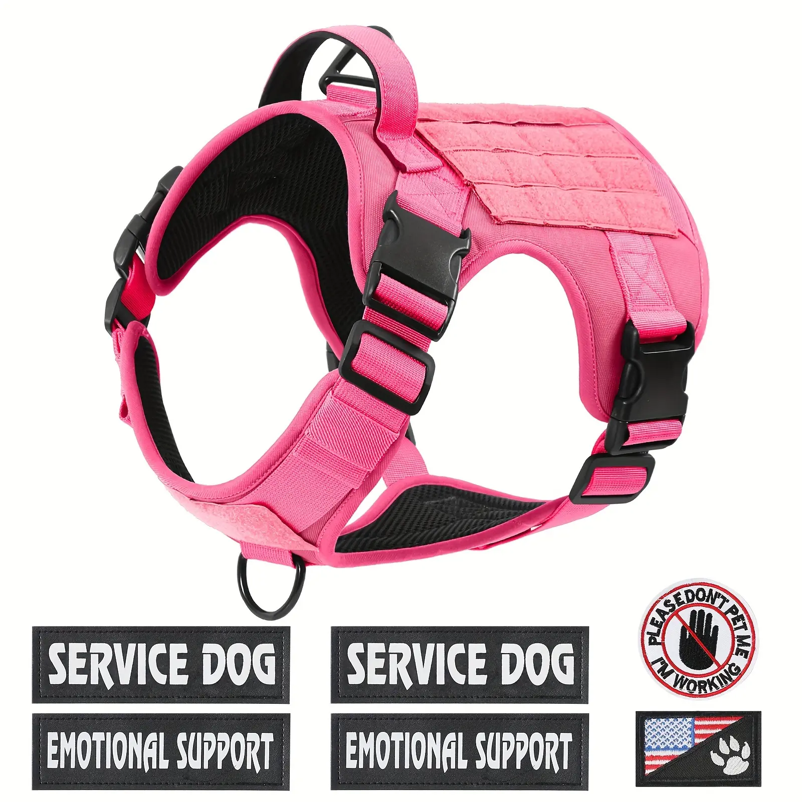 Service Dog Vest Harness for Large Dog, Tactical Working MOLLE Vest with 6 Pet Patches, No Pull Heavy Duty Harness for Training Walking