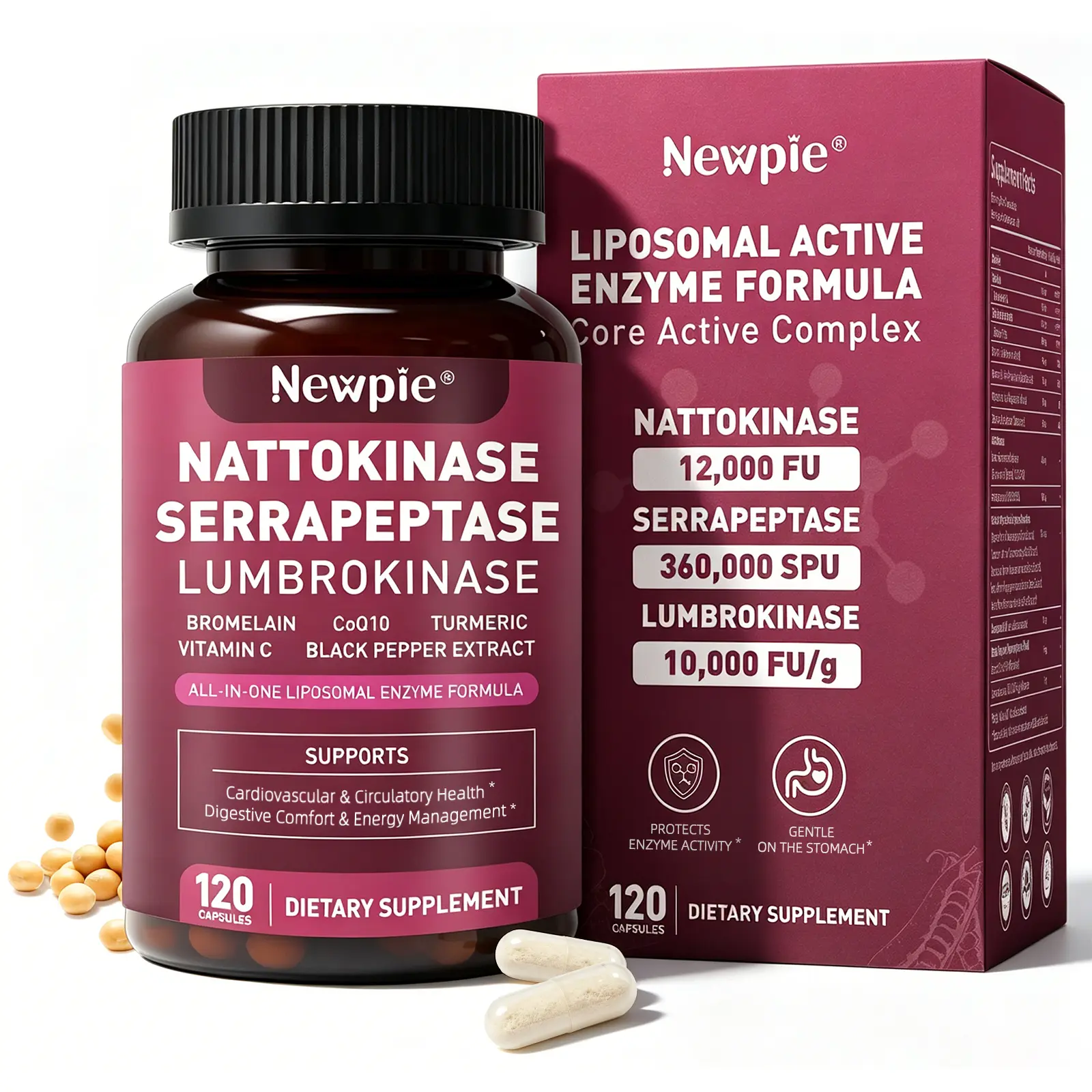Nattokinase Supplement 12,000 FU (Max Strength) Serrapeptase 360,000 SPU, Lumbrokinase 10,000 FU/g -Systemic Enzymes Complex for Cardiovascular & Circulatory Health Support-120 Capsule