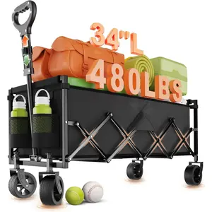 Extra Long Collapsible Wagon Cart, 480LBS Heavy Duty Utility Wagons with -Terrain Wheels, Foldable Grocery Carts for Gardening, Shopping, Beach, Camping, Black