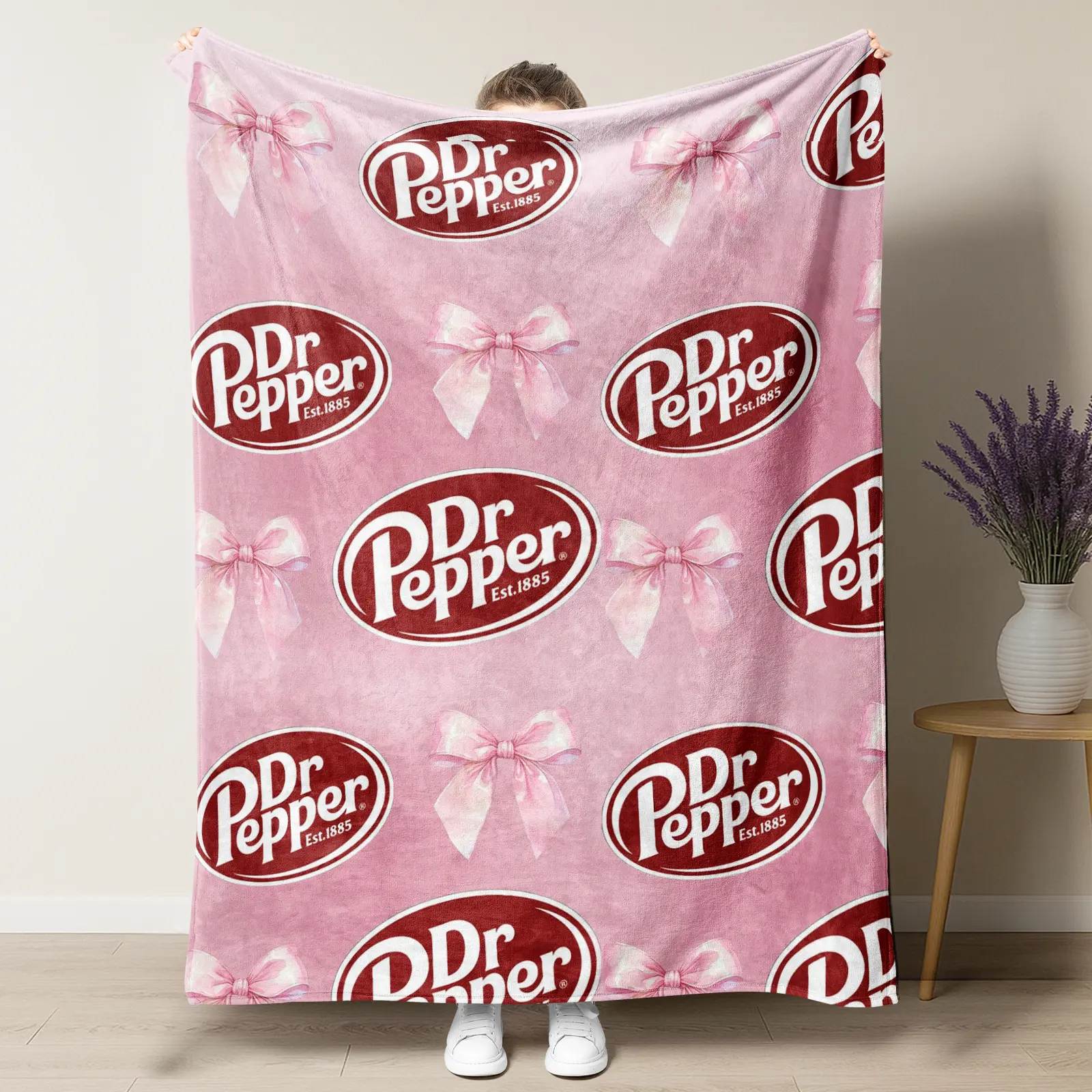 Vintage Soda Inspired Coquette Bow Plush Blanket, Soft Flannel Fleece Throw Blanket, Cozy Lightweight Blanket for Couch, Sofa & Bed, Pink Ribbon Design, All-Season Home Decor Gift