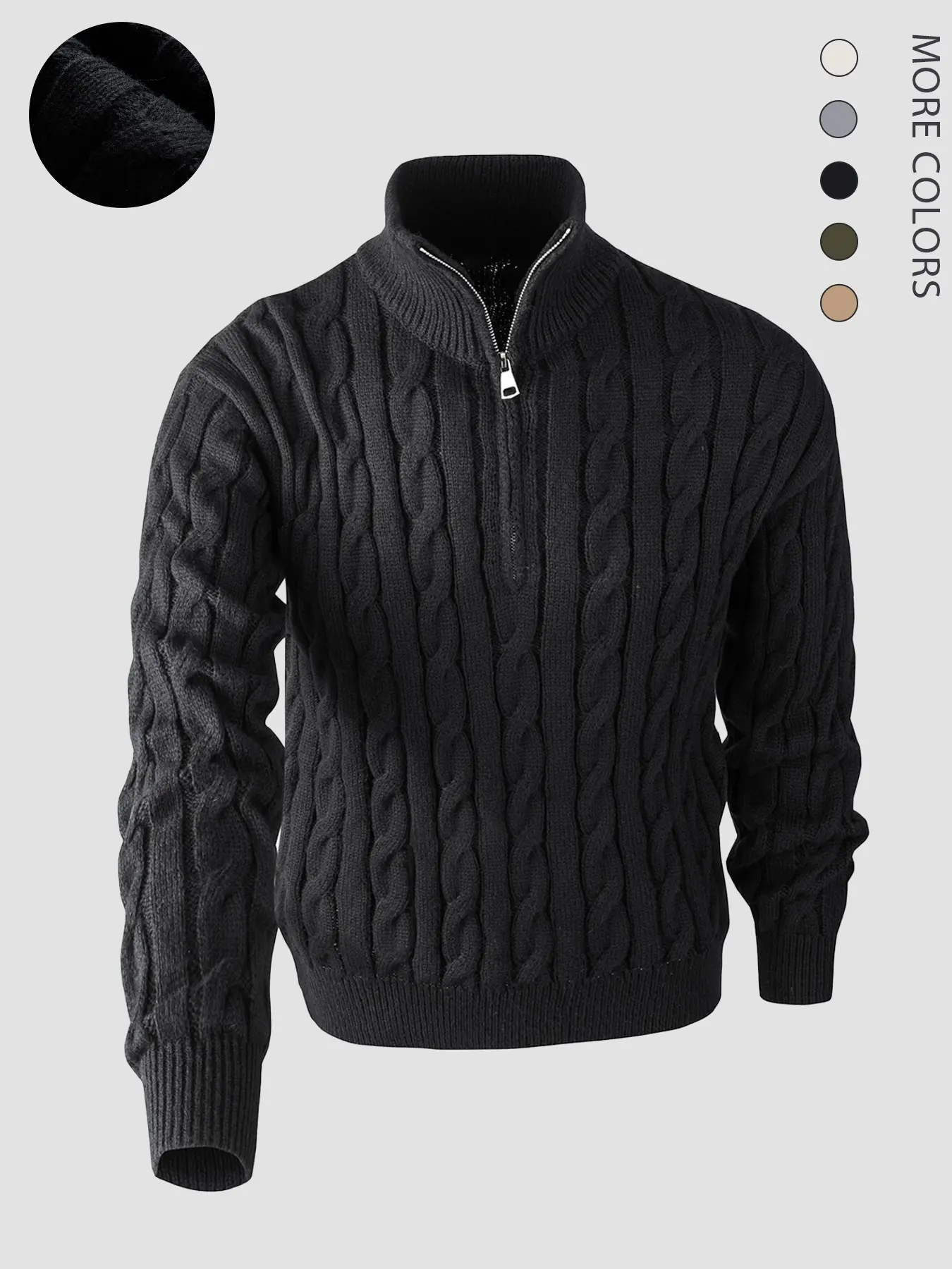 Men's Solid Zip-Up Chunky Cable Knit Sweater Clothing, Regular Fit Casual Classic Long Sleeve Stand Collar Jumper for Fall & Winter, Men's Knitwear for Daily Wear Tops, Menswear