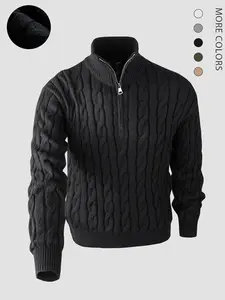 Men's Solid Zip-Up Chunky Cable Knit Sweater, Regular Fit Casual Classic Long Sleeve Stand Collar Jumper for Fall & Winter, Men's Knitwear for Daily Wear Tops