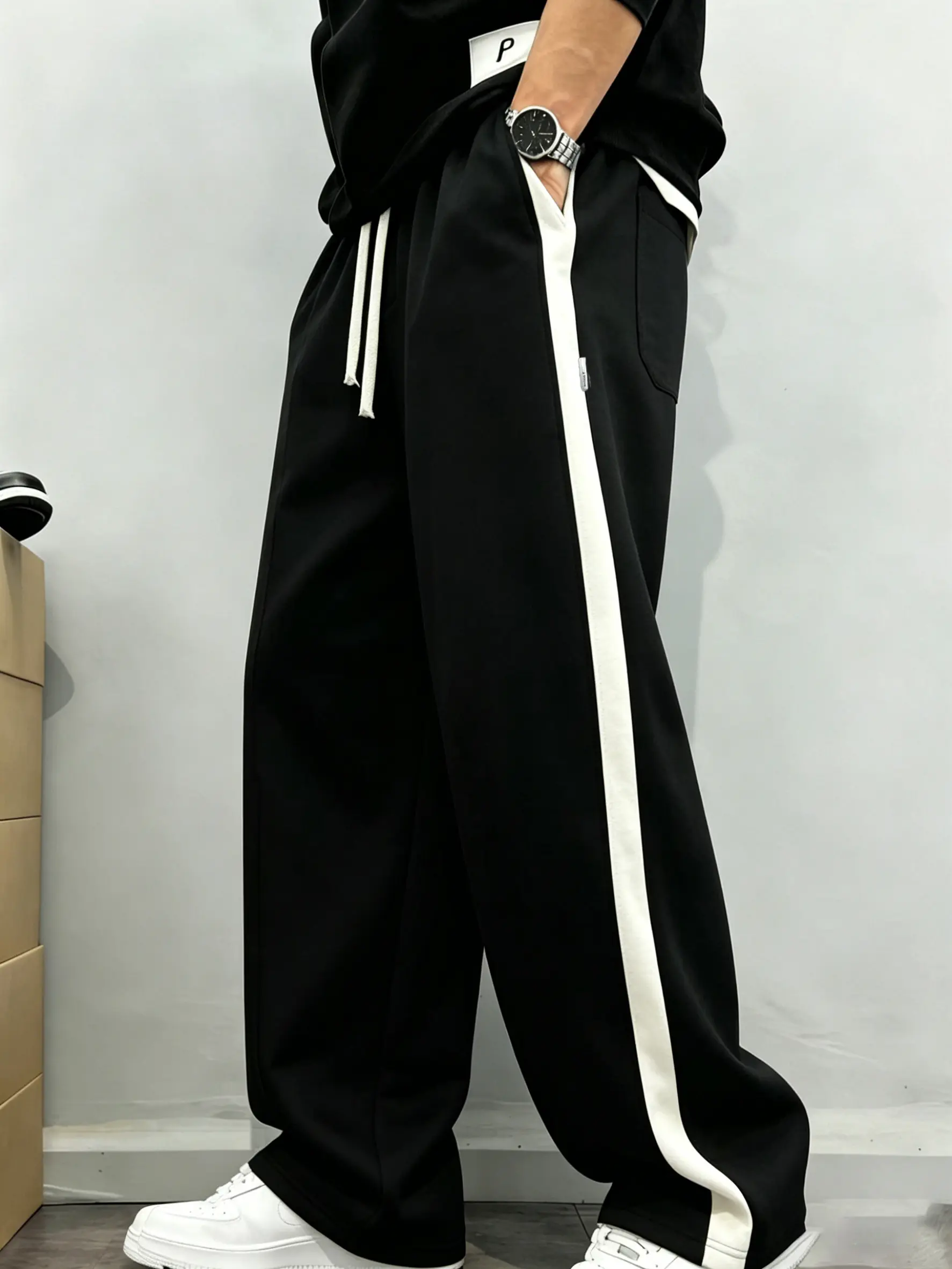 Men's Ice Silk Side-Stripe Athletic Joggers - Loose Straight Fit Quick-Dry Pants for Casual Streetwear, Workouts, Pre-Workout, Comfy Menswear Bottoms