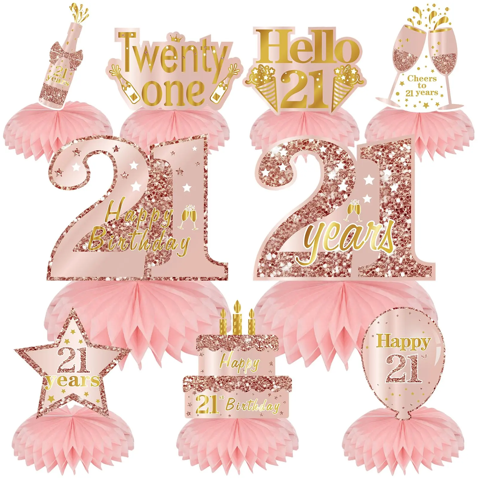 Pink Rose Gold 21st Birthday Honeycomb Centerpieces Decorations, 9Pcs Happy 21st Birthday Table Toppers