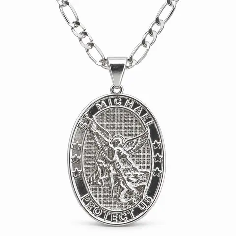 S925 Silver St. Michael Protect Us Oval Pendant - 4MM Flat Figaro Link Chain, 24in Cuban Link Design Casual Unisex Everyday Wear Silver Necklace