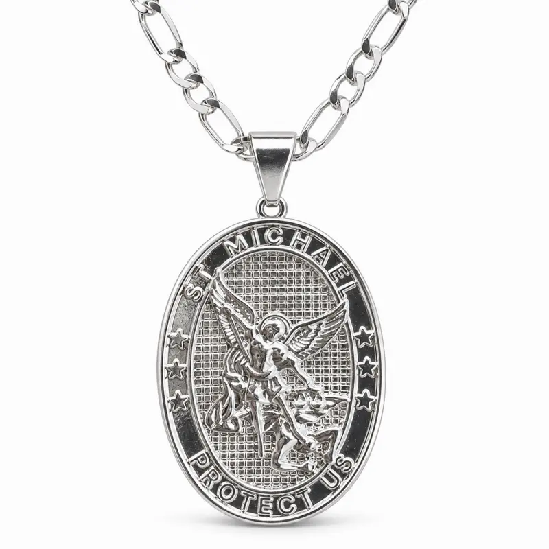 S925 Silver St. Michael Protect Us Oval Pendant - 4MM Flat Figaro Link Chain, 24in Cuban Link Design Casual Unisex Everyday Wear Silver Necklace