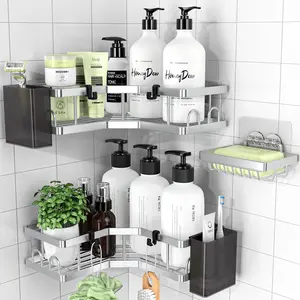 PKBD Corner Shower Caddy 3 Pack Bathroom Storage No Drilling Bathtub Storage with Soap Holder Hooks Toothpaste Holders Rustproof Stainless Steel Suction Washroom Accessories Silver