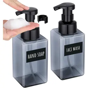 Empty  Soap Dispenser Pump Bottles 15.2oz 2 count, Refillable Foaming Hand Soap Dispenser, 450ml Gray  Bottle with  Stickers, Plastic Square Liquid Foaming Container