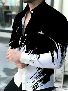 Men's Black and White Ink Splatter Mountain Print Breathable Collared Long Sleeve Button up shirt Casual Button Front