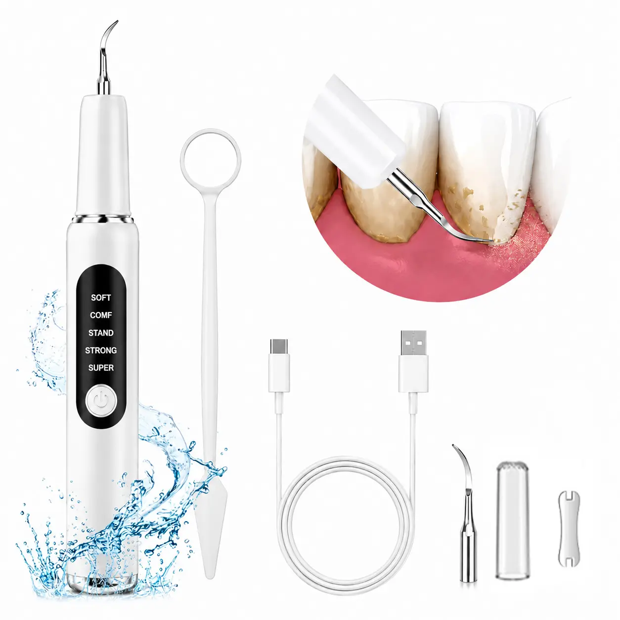 Oral plaque and tartar remover, rechargeable teeth cleaning set with 5 modes (includes dental tools), electric teeth cleaner with LED light, 2 replaceable brush heads, pet-safe, oral care, gentle on gums, Cleansing, Home/Travel, Prevents Bad Breath, Gentl