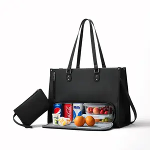 Stylish, large-capacity work tote bag, classic black commuter bag, insulated bag, suitable for laptops, mom bag, handbag, everyday gym lunch bag, picnic bag, cooler bag, women's lunch bag, student lunch box.