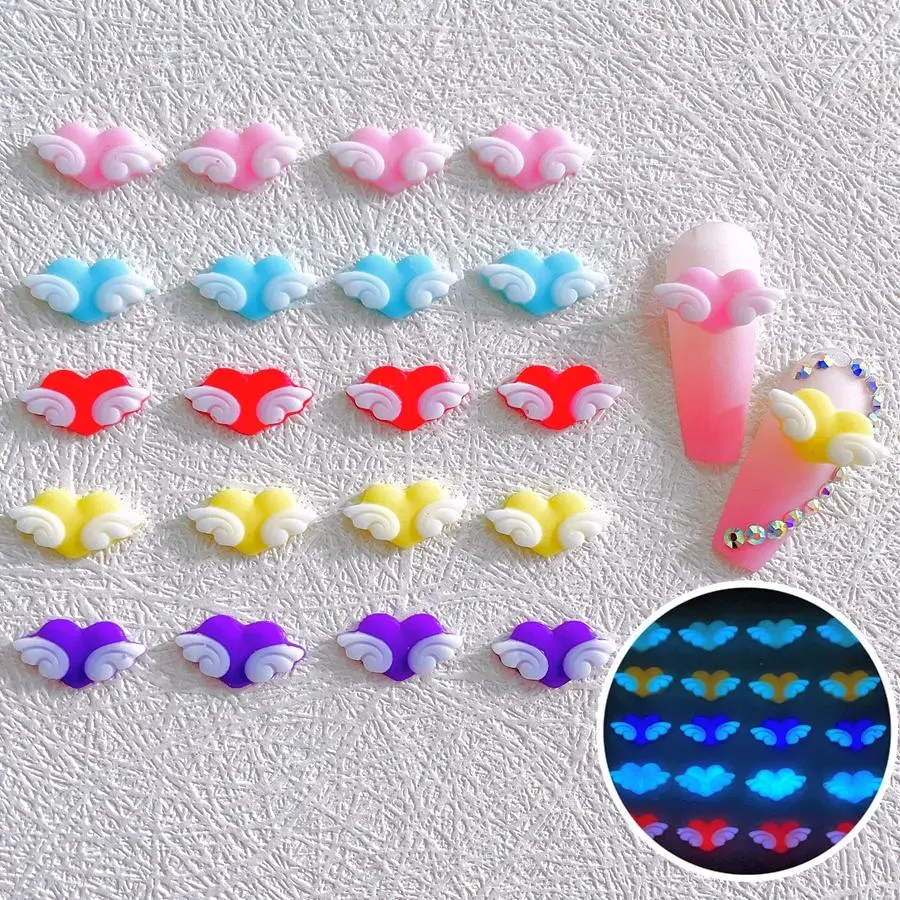 30PCS Noctilucent Wing Love Heart Nail Charms Supplies For Nails Art Decoration Cute Luminous Manicure Decor Accessories Parts