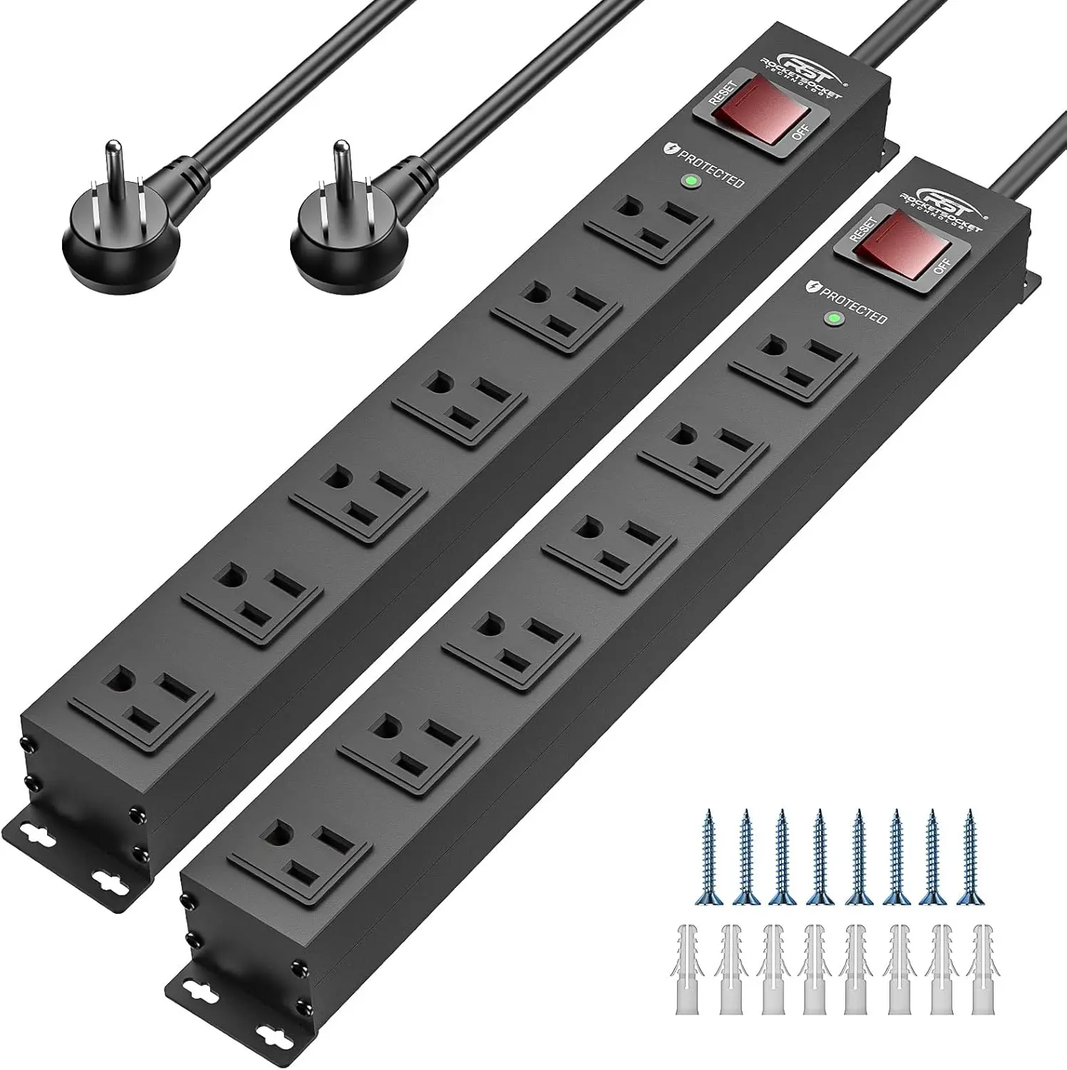 CRST 2PK Wider Spaced 6 Outlet Metal Surge Protector Power Strip 2100J ...